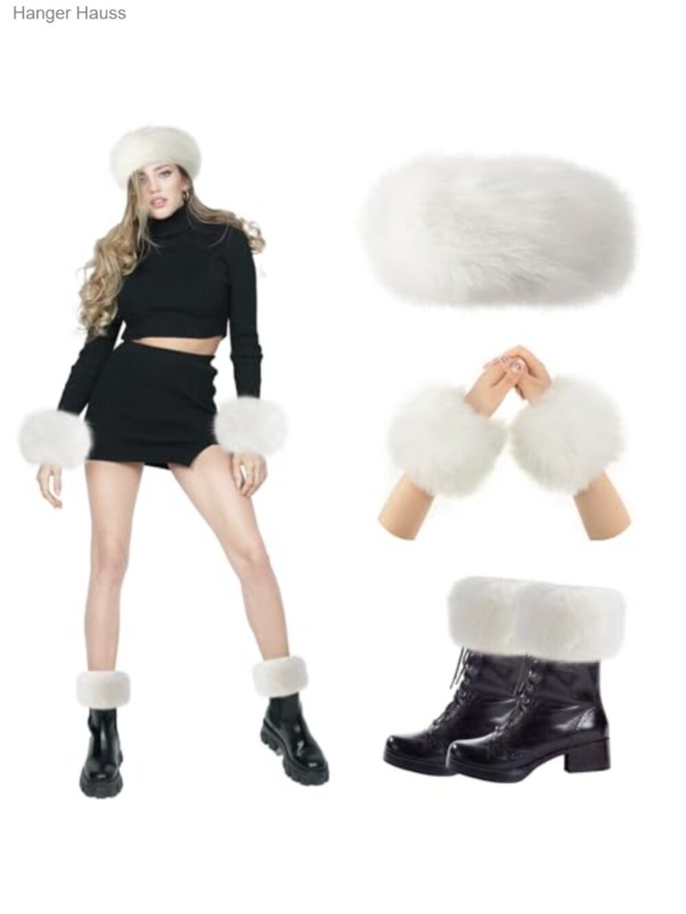 Faux Fur Headband Wrist Cuffs Leg Warmers Set Winter Ski Accessories